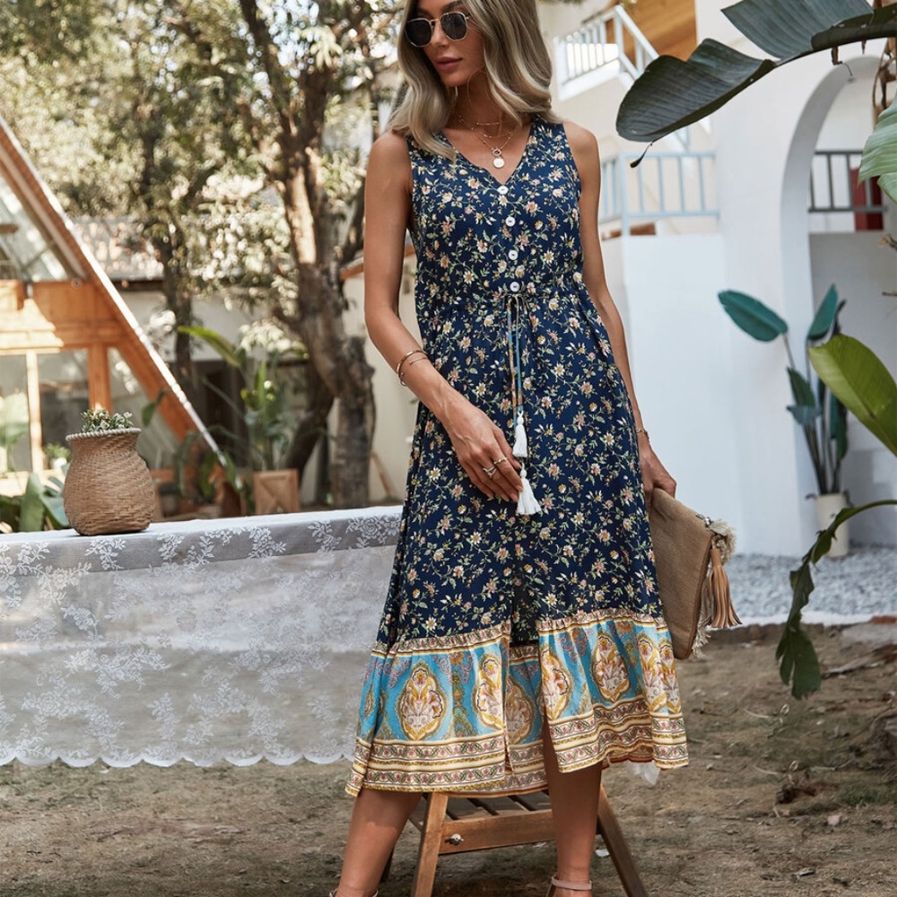 boho v neck tassel floral A line yellow dress - Picture 9 of 9